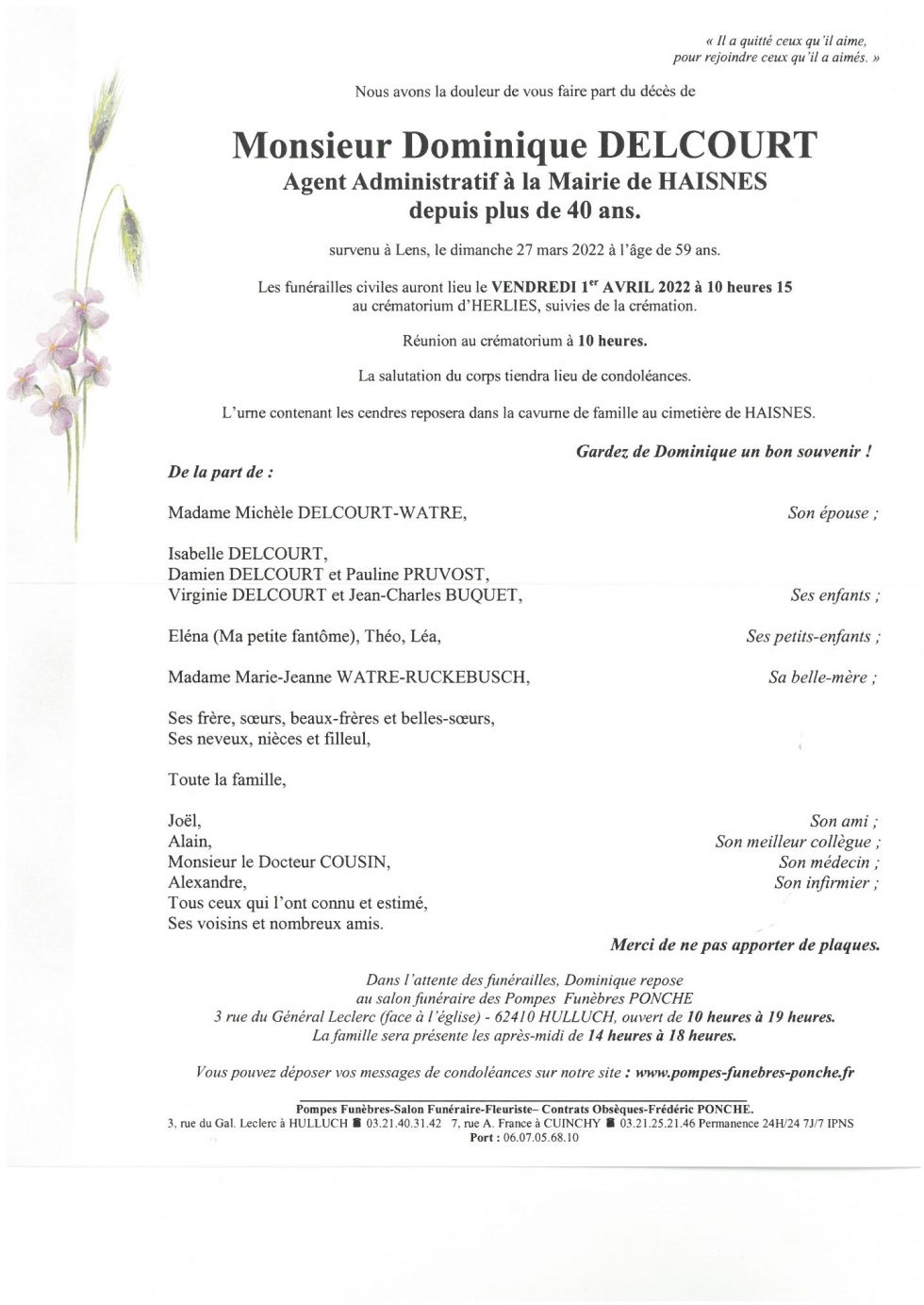 Avis De Décès Pompes Funèbres Delory Frévent