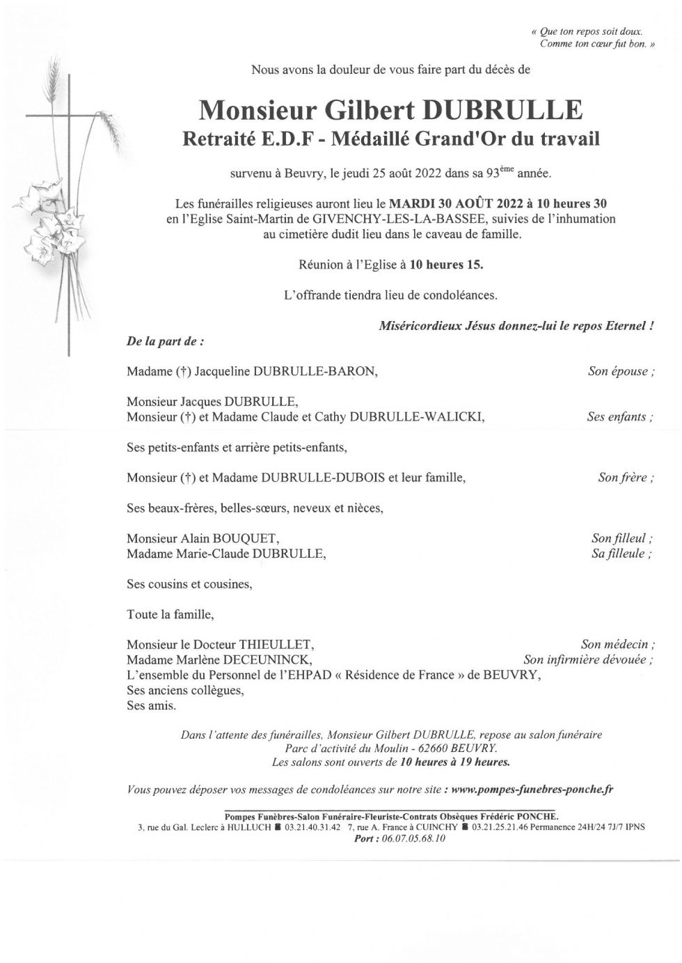 Avis De Deces Pompes Funebres Dubrulle Leforest