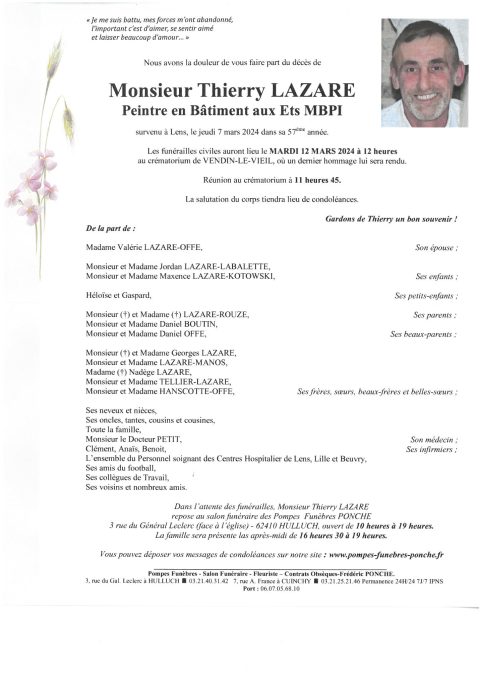 MONSIEUR THIERRY LAZARE Pompes Funebres Ponche Frédéric
