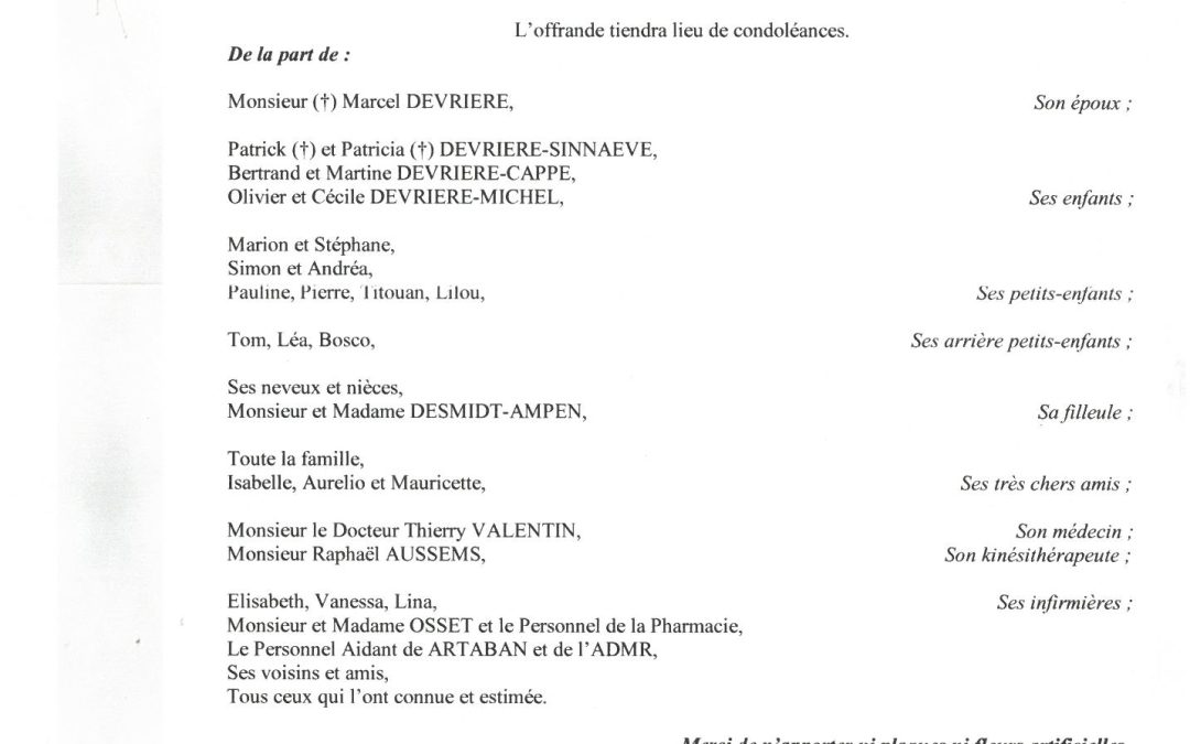 MADAME GILBERTE DEVRIERE NEE BECUE