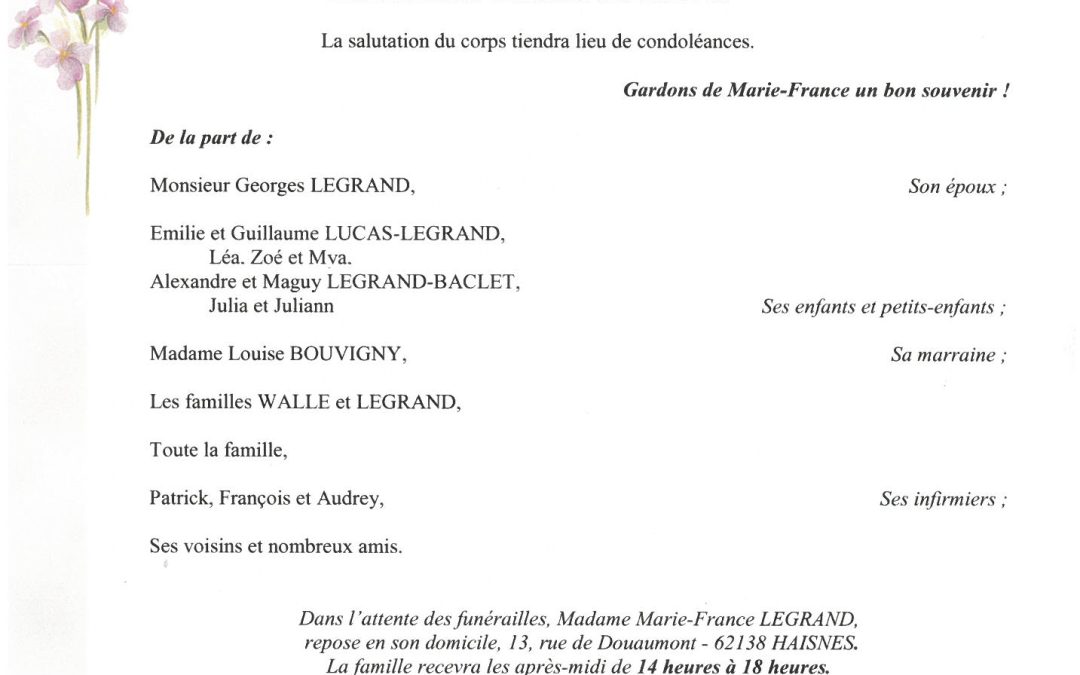 MADAME MARIE-FRANCE LEGRAND NÉE WALLE