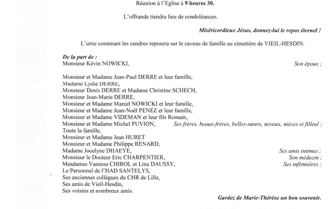 MADAME MARIE-THERESE NOWICKI NEE DERRE