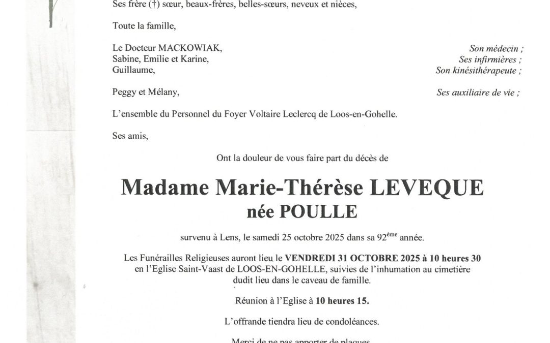 MADAME MARIE-THERESE LEVEQUE NEE POULLE