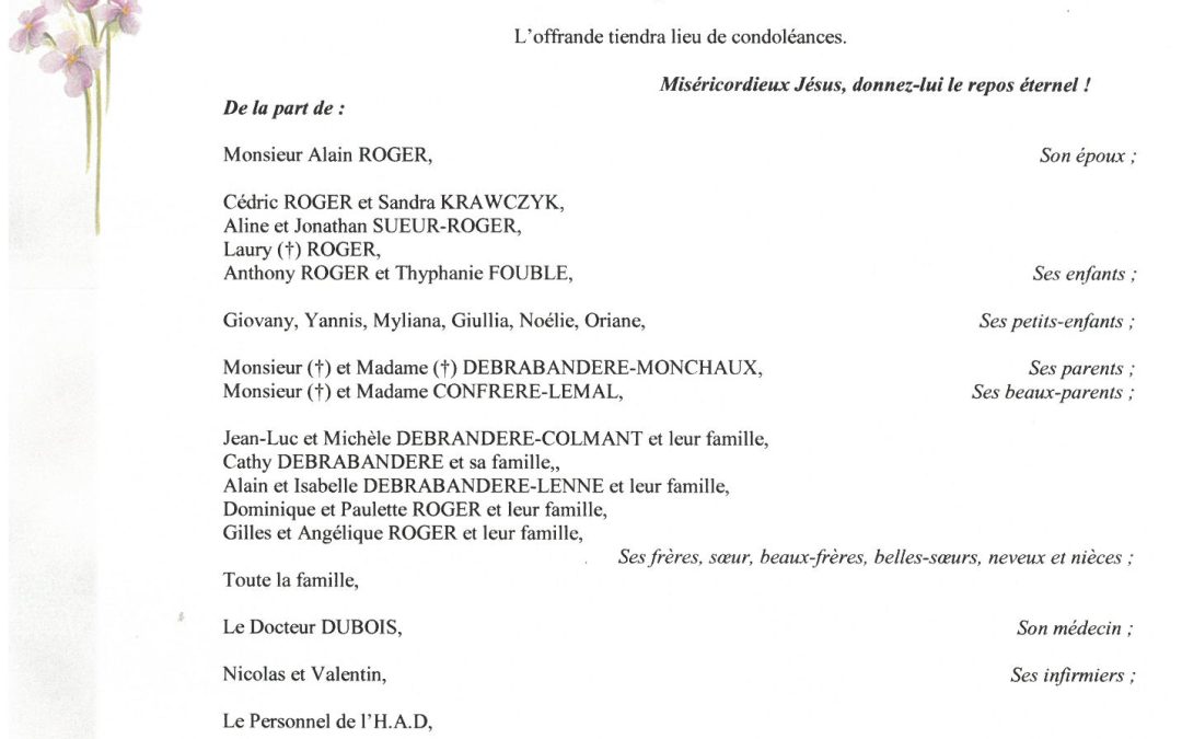 MADAME MARTINE ROGER NEE DEBRABANDERE