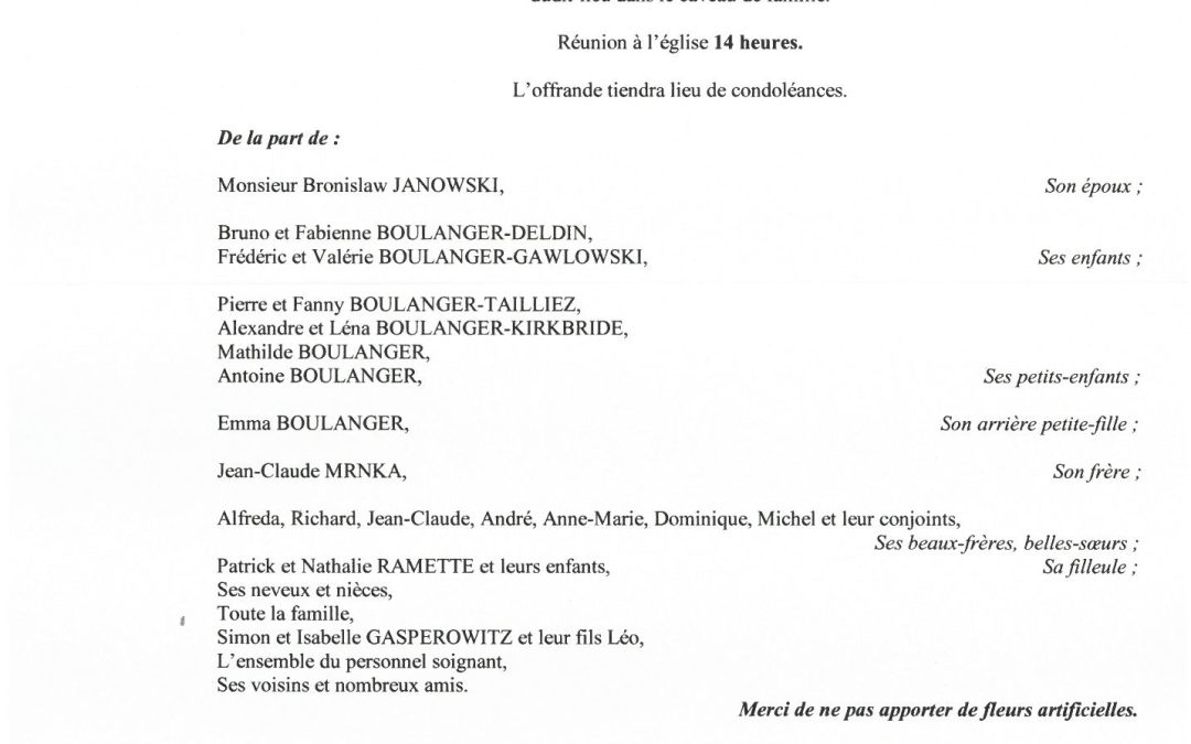 MADAME JEANNINE JANOWSKI NÉE MRNKA