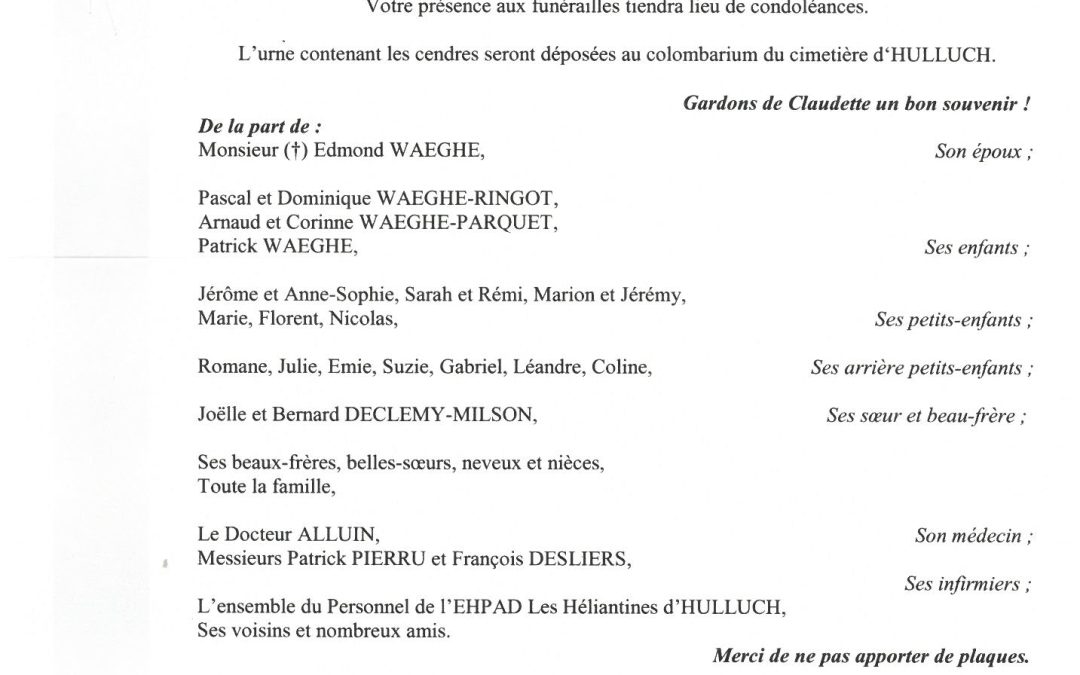 MADAME CLAUDETTE WAEGHE NEE MILSON