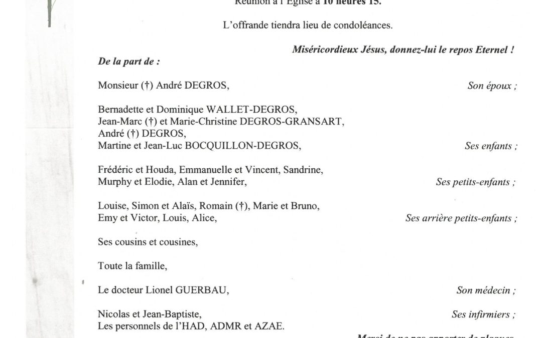 MADAME YVONNE DEGROS NEE DEVOS