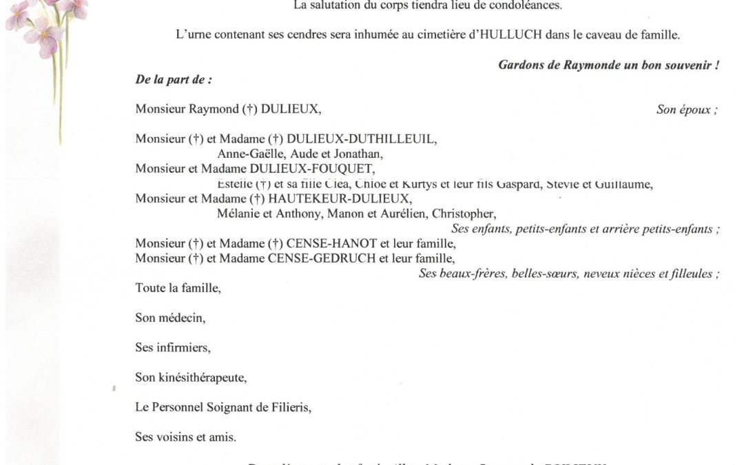 MADAME RAYMONDE DULIEUX NEE CENSE